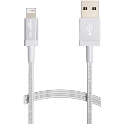 Immagine di Amazon Basics Cavo di ricarica Lightning a USB A, certificato MFi, in nylon intrecciato, per iPhone, argento, 0.9 m