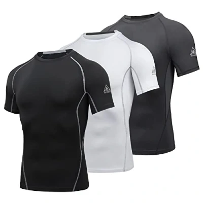 Immagine di AMZSPORT Maglietta a Compressione da Uomo, Maniche Corte, Funzionale, Cool Dry, per Allenamento e Corsa, Confezione 3: Nero + Bianco Grigio, XXL