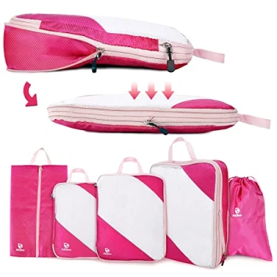 Immagine di AiQInu Organizer Valigia 5 Pezzi Set, Compressione Packing Cube Salvaspazio Espandibile Ultraleggero Viaggio per i Vestiti,Scarpe,Intimo Set da Zaini o Bagagli a Mano (Rosa)