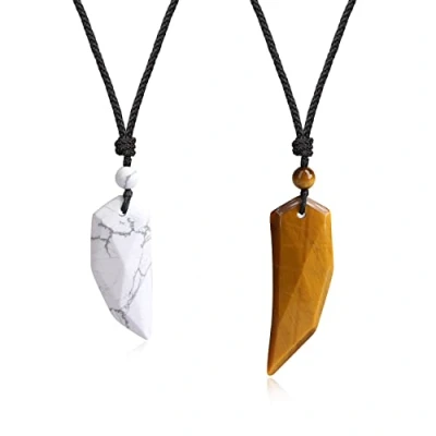 Immagine di COAI Set Coppia Due Collane con Pendenti Dente di Lupo in Occhio Tigre e Howlite per Lui Lei, Laccio Regolabile