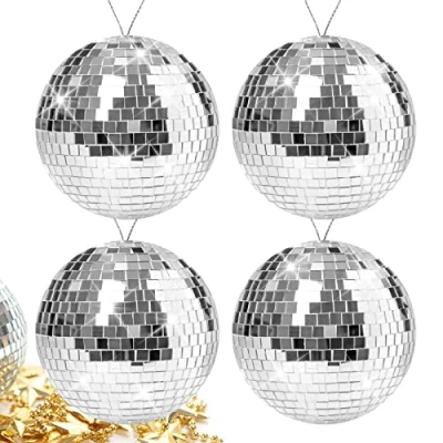 Immagine di sfera a specchio da discoteca, 10 cm, 4 pezzi, argento, per feste, compleanni, matrimoni, decorazione effetto luce