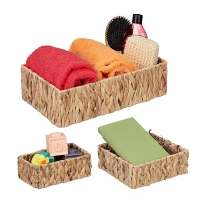 Immagine di Relaxdays Cestini Portaoggetti, Set da 3, Scatole Bagno in Giacinto d&#039;Acqua Varie Misure, Aspetto Vimini, Naturali, Fibra vegetale, Ferro