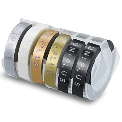 Immagine di UniPlus 9mm Sostituzione del Etichette Compatibile per Dymo Omega Etichettatrice a Rilievo, Office Mate II, Motex E110 E 303, Nero/Oro/Champagne Oro/Argento/Trasparente, 6Pz