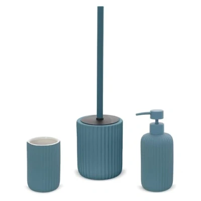 Immagine di Inbagno Set Accessori Bagno 3 Pezzi in Ceramica Blu Pastello cannettato, Dispenser Sapone portaspazzolini e portascopino Soft Touch, Spring