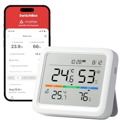 Immagine di SwitchBot Stazione Meteo, Monitor Temperatura/Umidità con Data e Previsione del Tempo, Termometro Igrometro WiFi, Hub Richiesto, Raggio Bluetooth di 120m, Esportazione Gratuita Dati