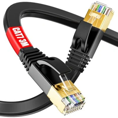 Immagine di Cavo Ethernet 3m schermato, Cat 7 RJ45 piatto di rete ad alta velocità, LAN Internet Gigabit compatibile con Router Switch Modem PC Xbox (3 clip)