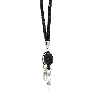Immagine di CKB LTD Cordino da collo nero con strass glitterati, clip in metallo girevole e retrattile per badge, 1 pezzo