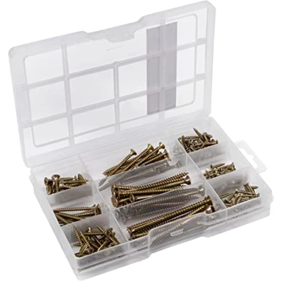 Immagine di Connex Assortimento di viti universali, 245 pezzi, varie misure, testa svasata, attacco PZ Pozidriv, filettatura totale e parziale, zincata gialla, set viti, scatola assortita, DP8500124