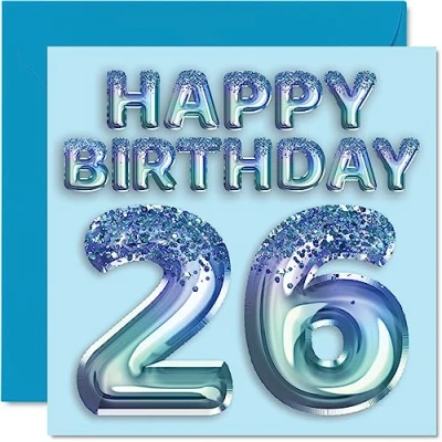 Immagine di Stuff4 Biglietto di auguri per il 26 compleanno, da uomo, con palloncini blu glitterati, anni, fratello, figlio, nipote, zio, 145 x mm, regalo