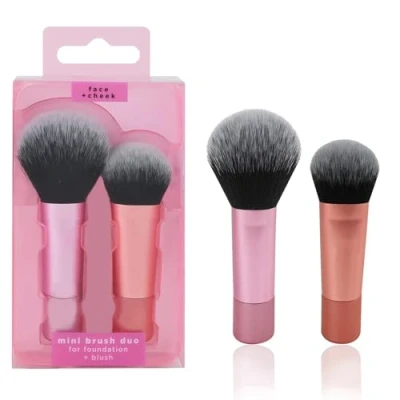 Immagine di Set da 2 Mini Pennelli per Fondotinta e Fard,Mini Face Brush,Formato Viaggio,per Arrossire,Evidenziatore o polvere Sciolta,Setole Morbide,Applicazione Precisa
