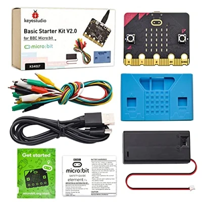 Immagine di KEYESTUDIO Starter Kit base per BBC Microbit V2, programmazione grafica Bussola Bluetooth integrata, rilevamento del movimento, display a LED codifica adolescenti + supporto batteria e cavo USB