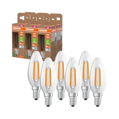 Immagine di OSRAM Energy Class nella classica forma mini candela, 3,8 W / 806 lm, EEK A, luce bianca fredda (4000 K), CRI 80, in vetro senza piombo di colore trasparente, attacco E14, IP20, 35 mm DM, 6 pacchi