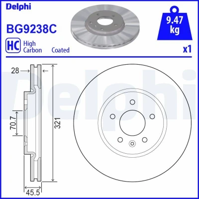 Immagine di DELPHI BG9238C Disco freno 321 28 5 ventilato rivestito ad alto tenore di carbonio senza cuscinetto ruota, anello sensore ABS