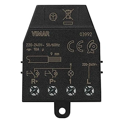 Immagine di Vimar 03992 relè magnetico Quid per luci ad impulsi sequenziali ON/OFF con segnalazione luminosa dello stato del carico, 1 ingr pulsante NO, di reset, uscita a NO
