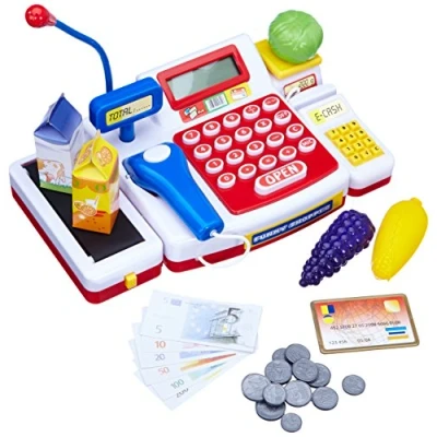 Immagine di Simba 104525700 cassa da supermercato con scanner, computer, tapis roulant, lettore di carte, mais, lattuga, uva, latte, succo d&#039;arancia, 16 monete, 13 banconote, 36 mesi a 8 anni