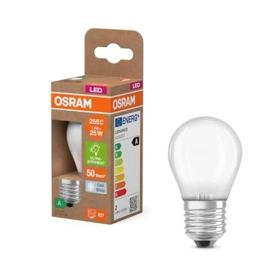 Immagine di OSRAM dalla classica forma mini sferica, con filamento LED decorativo dal design satinato, classe di efficienza energetica A, E27, 1,2 W, 255 lm, 4000 K, bianco freddo. luce immediata al 100%.