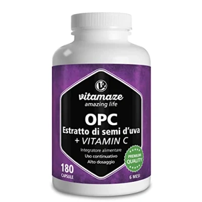 Immagine di OPC Estratto di Semi D&#039;Uva Capsule + Vitamina C, 450 mg Certificato 100 180 per 6 Mesi, Integratore Alimentare Naturale senza Additivi, Made in Germany