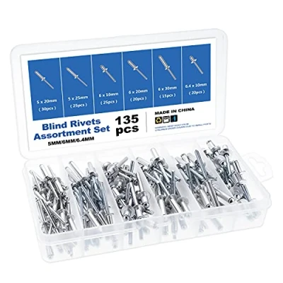 Immagine di Gueenky 135 Pezzi Rivetti in Alluminio, 5/6/6,4 mm pop Ciechi, 6 Dimensioni Set di a Strappo per Metallo Legno Plastica, con Scatola Immagazzinaggio