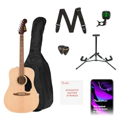 Immagine di una Fender chitarra acustica CA Debut Redondo in finitura Natural, gig bag, tracolla, plettri, uno stand per