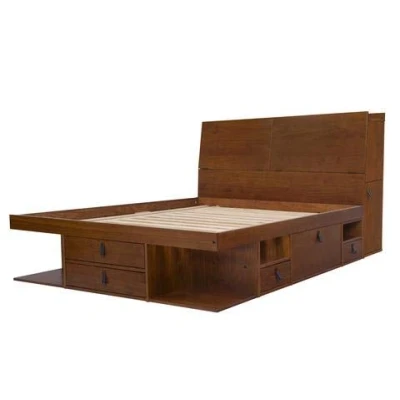 Immagine di Memomad Set Bali Caramello: letto alla francese 140x190 + testiera 150 rete a doghe. in legno di pino massiccio con molto spazio stoccaggio e cassetti, ideale per piccole stanze