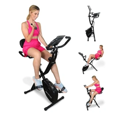 Immagine di Mobiclinic® Fitness, Cyclette pieghevole + fasce di resistenza, 2 in 1, Everest, 8 livelli, fino a 100Kg, display LCD, misuratore pulsazioni, sedile regolabile, ruota da 2,5Kg, Trainer X Bike