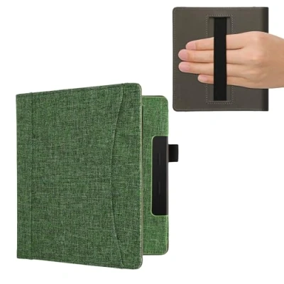 Immagine di kwmobile Flip Cover Compatibile con Amazon Kindle Oasis 10. Generation Full case Anti graffio Porta carte Fascia Prensile Tessuto verde