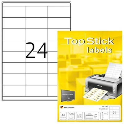 Immagine di TopStick etichette multiuso autoadesive, 24 per foglio A4, 100 fogli, 70 x 33,8 mm, 2400 etichette, adesive universali vuote, stampanti laser e inkjet, bianco