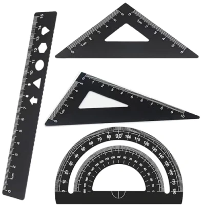Immagine di righello Metallo,4 pezzi Righelli in Lega Matematica,Scala Righello,con da 15 cm,goniometro e 2 Triangolare Scala Righello,per studenti,insegnanti,architetti,ingegneri (nero)