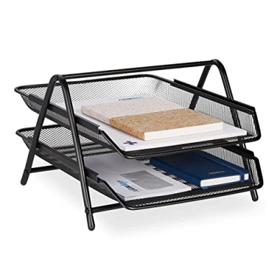 Immagine di Relaxdays Organizer Portadocumenti con 2 Vaschette, Portalettere A4, HLP: 20,5x30x35,5 cm, Rete in Acciaio, Nero