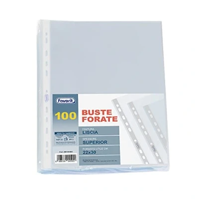 Immagine di Favorit Buste Perforate, Lucide, Alto Spessore, 22 x 30 cm, 100 Pezzi, Trasparenti