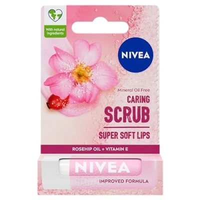 Immagine di NIVEA scrub labbra 2 in 1 con olio di rosa canina (5,5 ml), + vitamina E, esfoliante, balsamo per particelle naturali peeling effetto esfoliante