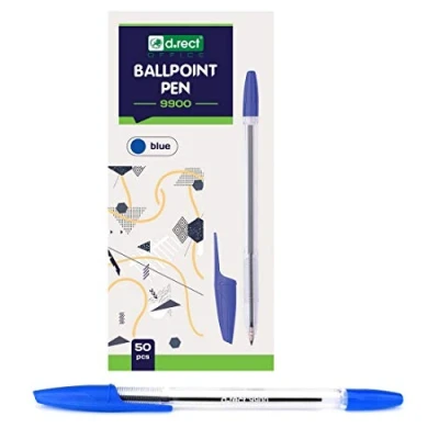 Immagine di D.RECT Set di 50 Penne 9900 per Scuola, Lavoro, Ufficio a Sfera con Cappuccio e Alloggiamento Trasparente Colore Blu