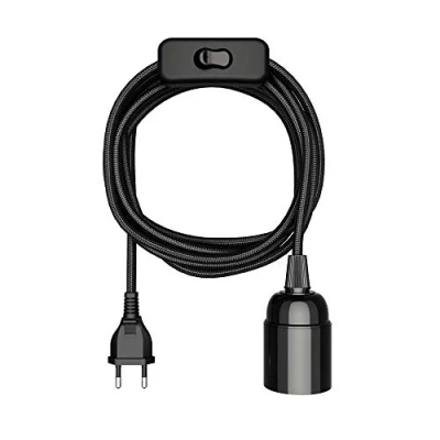 Immagine di ledscom.de cavo tessile LEHA, spina, interruttore, nero, 3 m, attacco lampada, 1x E27 max. 60W, Led, Diy, E27, tessile, lampada a sospensione, spina di rete, lampadina,