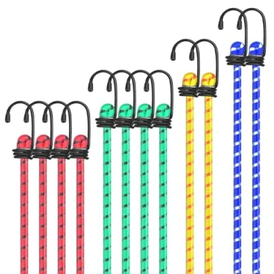 Immagine di CIOXSOIO Set di 12 Corde Elastiche con Gancio, 4 Misure Ganci Elastici, Corda Elastici per Teloni, Portapacchi, Auto e Bici, Campeggio, Bagagli
