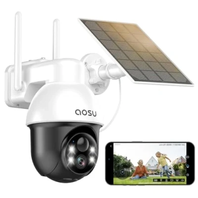 Immagine di AOSU 2K Telecamera Wi Fi Esterno Senza Fili a Batteria, 360 PTZ Videocamera Sorveglianza con Pannello Solare, 2.4GHZ &amp; Bluetooth, Visione Notturna Colori, Allarmi PIR, Rilevazione di Movimento