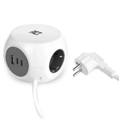 Immagine di ACT Ciabatta con USB, 2 USB C (30 W PD 3.0) e 1 A (QC 3.0), 3 prese, incluso cuscinetto adesivo per cucina, ufficio, soggiorno, lunghezza cavo 1,5 m, colore bianco AC2420