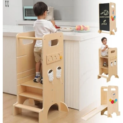 Immagine di Olvy Kids 4 in 1 Montessori Torretta Apprendimento Learning Tower Scaletta Legno Bambini Gradini Torre Cucina da Anno Scala Pieghevole