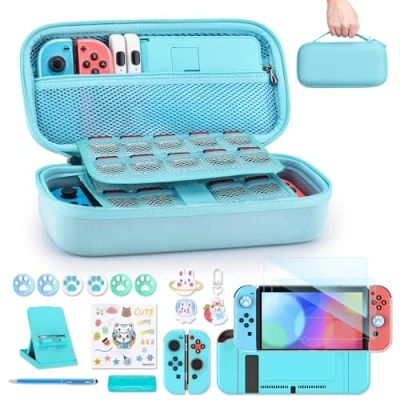 Immagine di Custodia NS Switch innoAura Accessoires pour 18 In 1 Con Per Il Trasporto, Gioco, Protezione Schermo, Supporto Switch,Thumb Grips(Blu)
