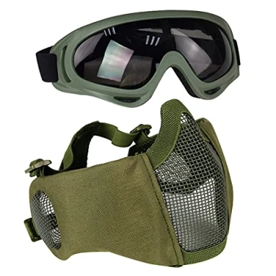 Immagine di Aoutacc Set di accessori protettivi per softair, maschera a metà viso in rete con protezione le orecchie, e occhialini CS / caccia paintball tiro, Verde