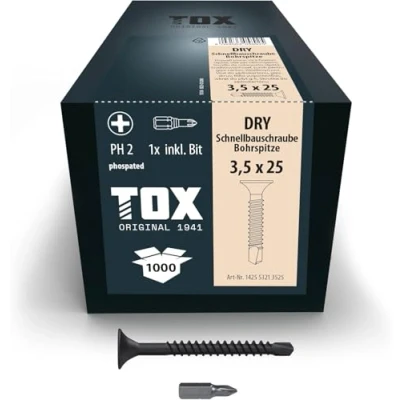 Immagine di TOX viti per cartongesso DRY BS 3,5 x 25 mm, fosfatate nere con filettatura fine + punta, su sottostruttura metallica, PH2, 1000 pezzi, incl. 1x 142553213525