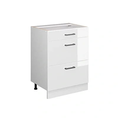 Immagine di Vicco mobiletto base per cucina R line, Bianco lucido/Bianco, 60 cm con cassetti, senza piano di lavoro