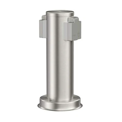 Immagine di ledscom.de Colonna di presa da giardino PORU per esterni, IP44, a 2 vie, acciaio inox, rotonda, 27 cm, corrente esterno, giardino, torre corrente,
