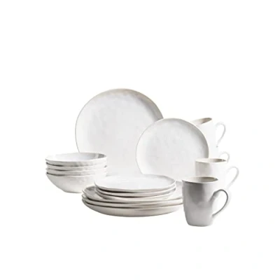 Immagine di MÄSER Serie Frozen Set di stoviglie in Ceramica per 4 Persone, Combinato da 16 Pezzi con Forme organiche, Servizio Screziato, Gres porcellanato, Bianco