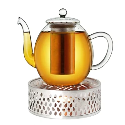 Immagine di Teiera in vetro da 1,5 l + scaldino acciaio inossidabile, set 3 pezzi, con filtro integrato inossidabile e coperchio vetro, ideale per preparare tè sfusi, antigoccia 1500 ml