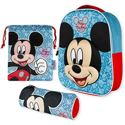 Immagine di Zaino Scuola Elementare Bimbo 3D, Zainetto Asilo Bambino e Astuccio Mickey Mouse Bambina da 3 Anni Pacchetto di