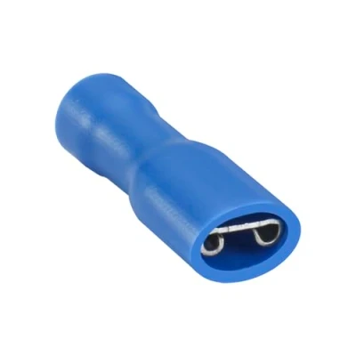 Immagine di Heschen FDFD2 187 Terminale per cavi femmina in vinile a sgancio rapido, completamente isolato, 4,8 x 0,5 mm, da 1,5 2,5 mm² (16 14 AWG), blu, confezione 100