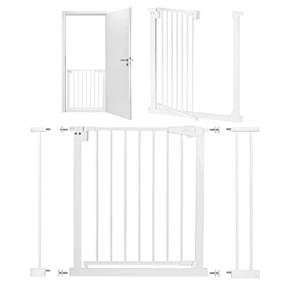 Immagine di cancelletto per porte e scale MoMi PAXI, estensibile da 75 a 82 cm, di sicurezza bambini con 2 prolunghe 7 14 cm in dotazione, morsetti installazione senza foratura