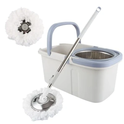 Immagine di ASelected Set mocio rotante e secchio con rotazione a 360 per la pulizia dei pavimenti, manico in acciaio inox, estensibile cuscinetti riutilizzabili microfibra asciutto