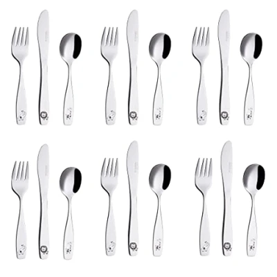 Immagine di Exzact posate per bambini 18 pezzi in acciaio inox 18/10, 6 forchette, coltelli da tavola sicuri, cucchiai Safari Giraffa elefante leone