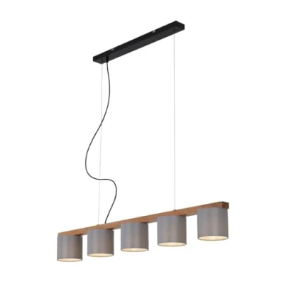 Immagine di BRILONER Leuchten Lampada a sospensione con 5 luci, retrò/vintage, regolabile in altezza, 5x E14, max. 25 Watt, metallo legno, paralumi tessuto grigio, 1100x150x1360mm (LxPxH)